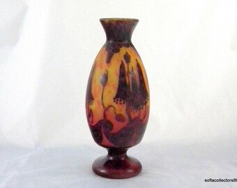 Schneider Le Verre Francais "Bluebells" Art Nouveau Cameo Glass Vase - Burgundy over Gold - Vintage 1910s - 1920s Art Glass