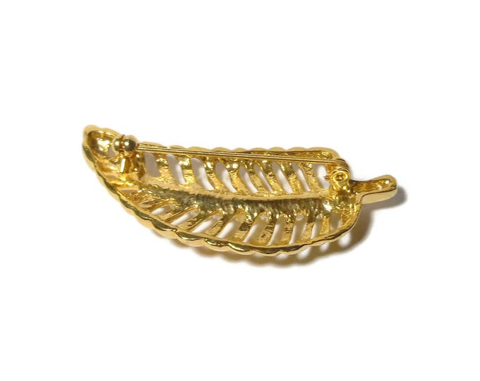 Pearl leaf brooch, white faux pearls form the stem of the open work, gold plated pin, leaves fern glossy