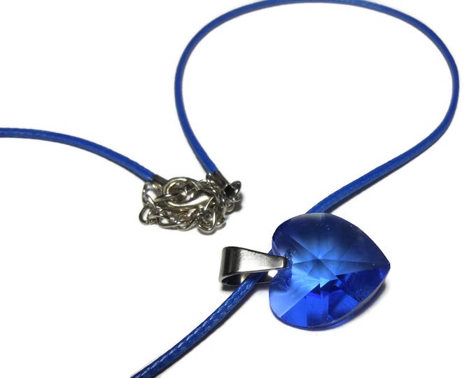 FREE SHIPPING Blue crystal heart necklace, lapis blue faceted heart on silver bail, royal blue cord necklace, simple lines