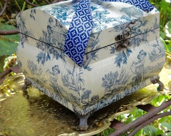 Wood Box, Dresser Decor, Storage Box, Toile Box, French Country Box, Blue White Box, Jewelry Box, Keepsake Box, Cottage Chic, CasaKarmaDecor