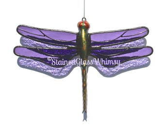 Stained Glass DRAGONFLY Suncatcher, Purple Wings, Handcast Metal Body, USA Handmade, Purple Dragonfly, Violet Dragonfly, Purple Firefly