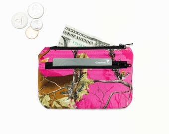 Pink Camo Coin Purse Wallet - Card Wallet- 2 Zipper Change Purse Pouch - ID holder -Small Wallet - Hot Pink Camouflage Coin Pouch