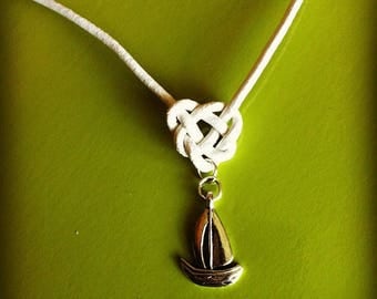 Leather Celtic knot with sailboat pendant necklace