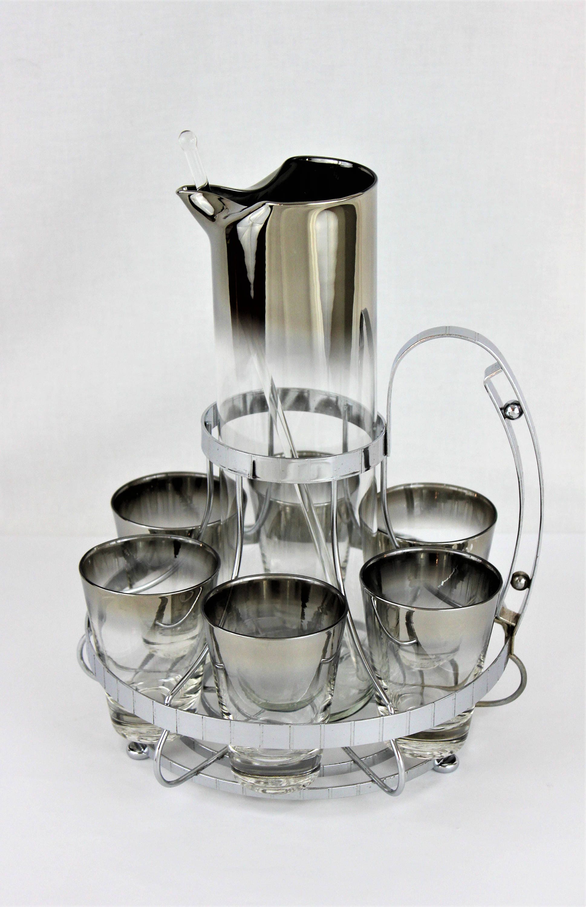 Vintage 1960s Vitreon Queen’s Lusterware Ltd Silver Fade Or Ombre Glass Barware Set With Caddy