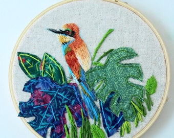 Tropical Bird, Tropical Plant Embroidery Hoop Art, Rain Forest Bird, Colorful Jungle Embroidery, Safari Nursery Decor, Boho Home Decor