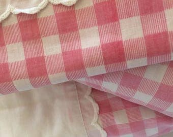 Pink gingham checked Double Sheet Set NOS shabby cottage cabin fabric panel preppy room decor pink pastel bedding Utica USA