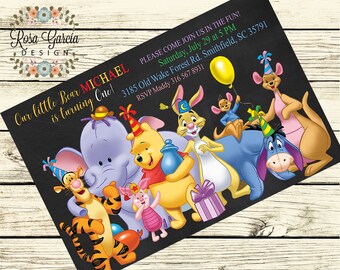 Winnie the Pooh Bear BIRTHDAY INVITATION, POOH Bear Birthday Party, Pooh Bear Birthday - Pooh Bear, Tigger, Piglet, Eeyore, Roo, Rabbit Bday