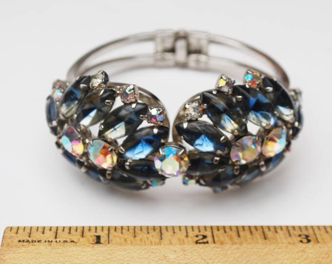 Juliana D and E Rhinestone Clamper Bracelet - Blueish Gray Aurora borealis Crystal - Silver hinged Bangle - DeLizza & Elster