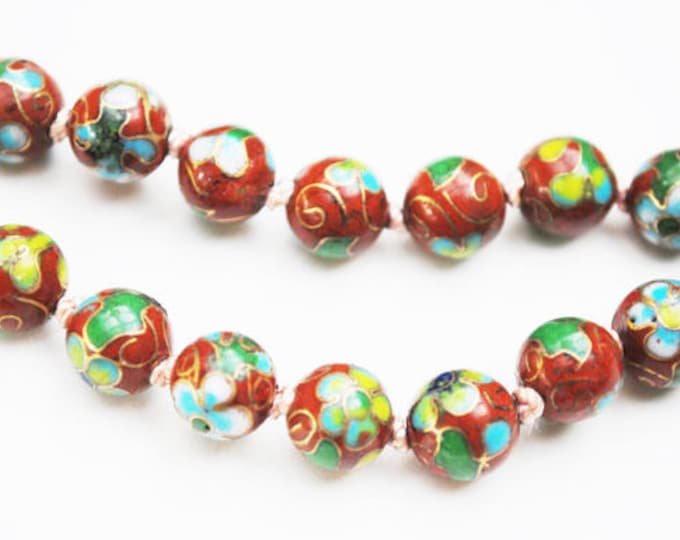 Cloisonne flower Bead Necklace - Rust Red Brown beads green blue gold - Enameling - Hand knotted beads -Asian Chinese