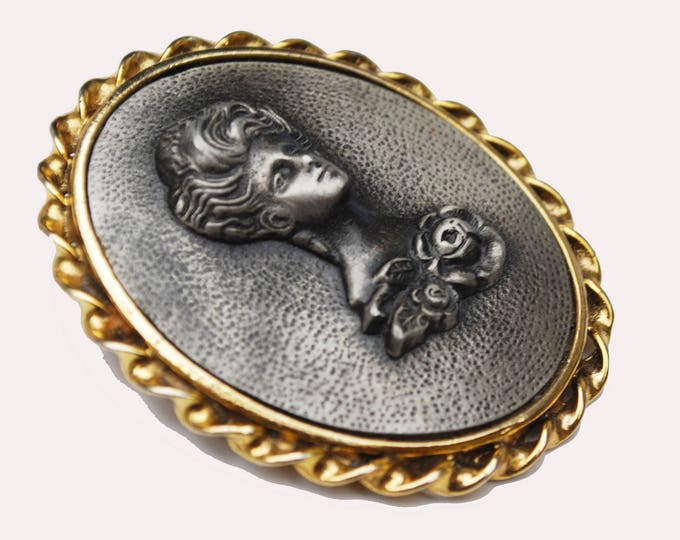 Raised Metal Cameo Brooch - Pewter rasied womenprofile - Gold metal - repousse grey metal Pin