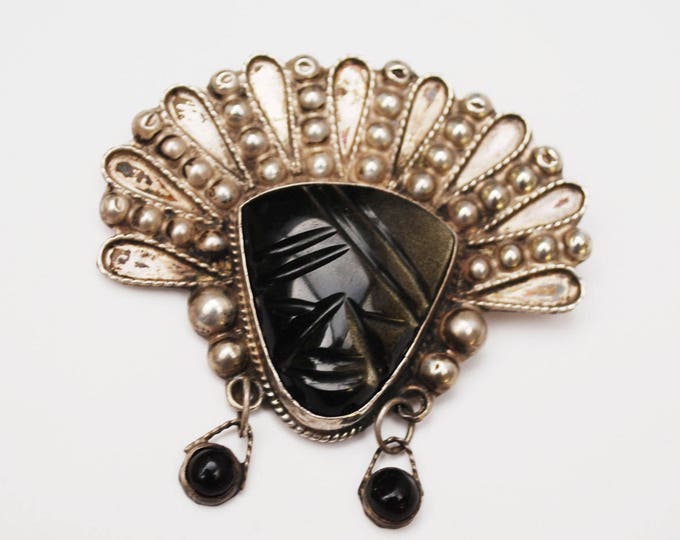 Mexico Sterling Mask Brooch - Taxco signed - Carved Black Onyx - Tribal Face Pin