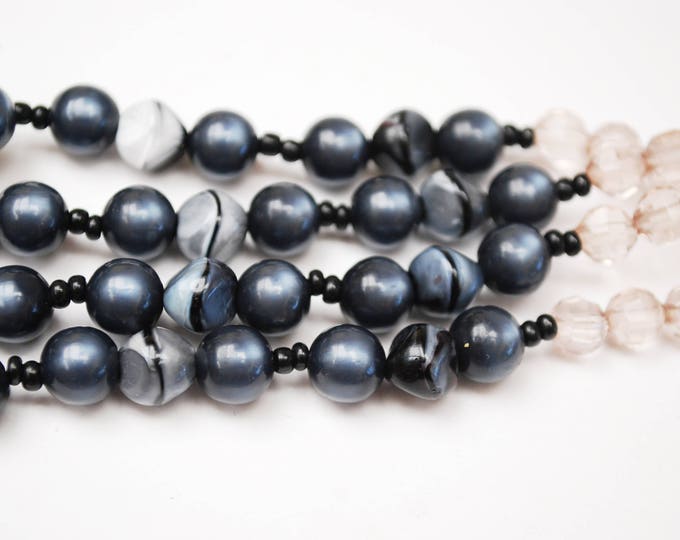 Hobe Lucite Bead Necklace - Tassel - black marble glass - clear Plactic beads- Art Deco style