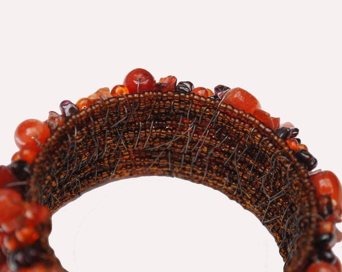 Carnelian Carnet bead Cuff Bracelet - Woven orange red gemstone - Wide boho Bangle BRacelet