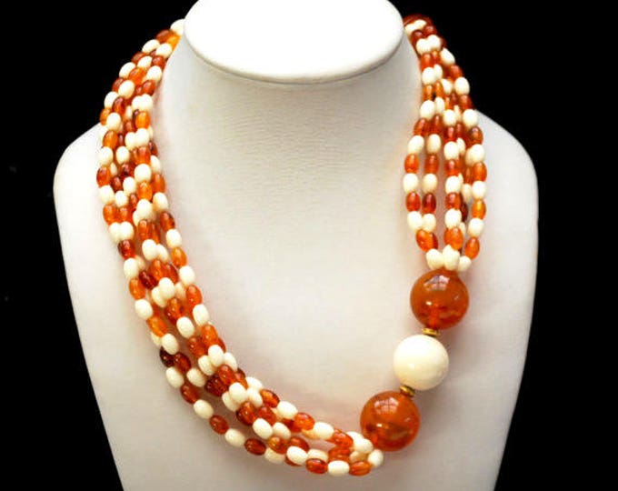 Root beer white torsade Bead Necklace - multi strand - Lucite Plastic - Mod groovy necklace