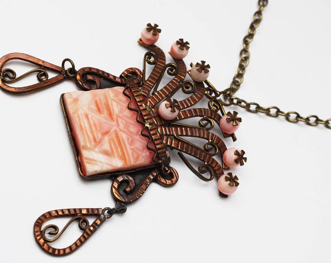 Copper Mask Necklace - Signed Mexico - Tribal Aztec - Carved Pink Agate Onyx gemstone - Boho Face head dress pendant