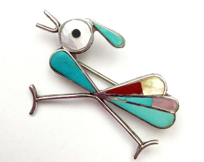 Road Runner Brooch - Silver Turquoise Coral Mother of pearl Onyx Inlay - Southwestern - Old Pawn - Native American Navajo - Bird pin