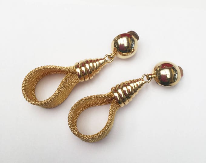 Gold Hoop dangle Earrings - Gold Mesh Loops - Bold Clip on earrings