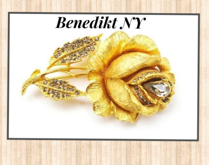 Rose Flower Brooch - Signed Benedikt NY- Gold Metal - Topaz Rhinestone - floral Rose Pin