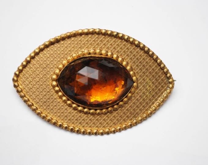 Victorian orange crystal gold brooch - Gilt Repousse metal - large Oval rhinestone - c clasp pin