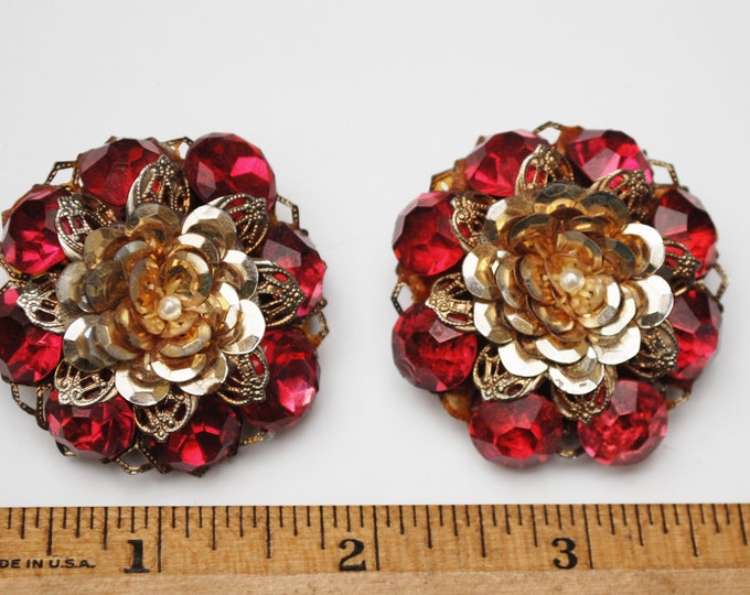 Large Flower Clip on Earrings - Red Rhinestone Gold foil - White pearl