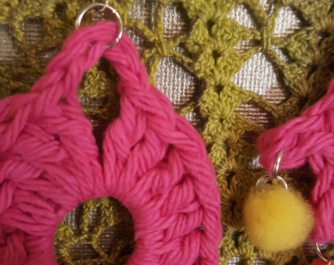 Crochet Picot Pom Pom Pink Earrings Fiesta Cultural