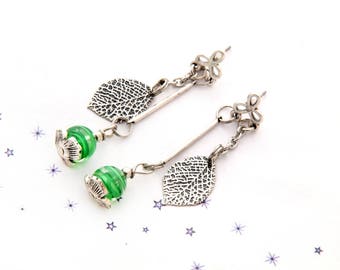 green leaf Lampwork Glass bead earrings