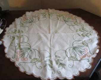 Embroidered Linen Doily with Wrapped Hem