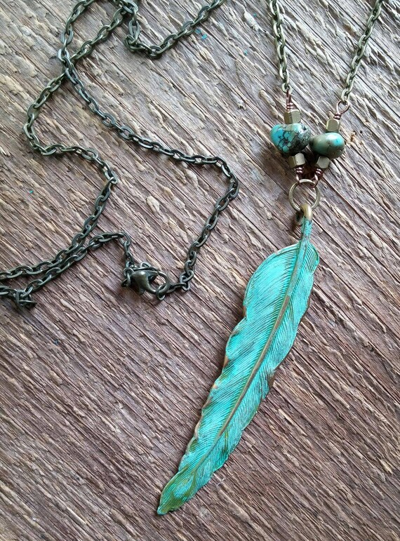Feather Necklace Turquoise Necklace Verdigris Feather