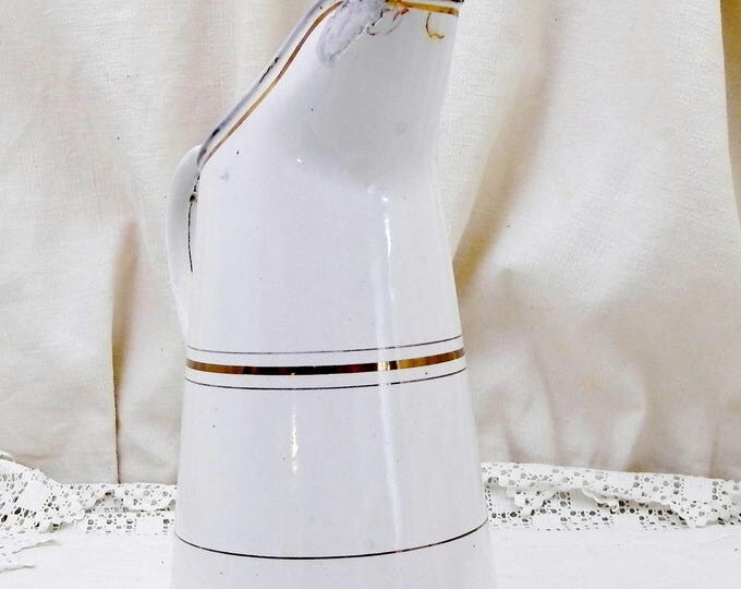 Antique French White with Gold Bands Enamelware Pitcher, Chippy Cottage Kitchen Enamel Jug, French Country Chateau Shabby Chic Decor, Antique French White with Gold Bands Enamelware Pitcher, Chippy Cottage Kitchen Enamel Jug, French Country Chateau Shabby Chic Decor,