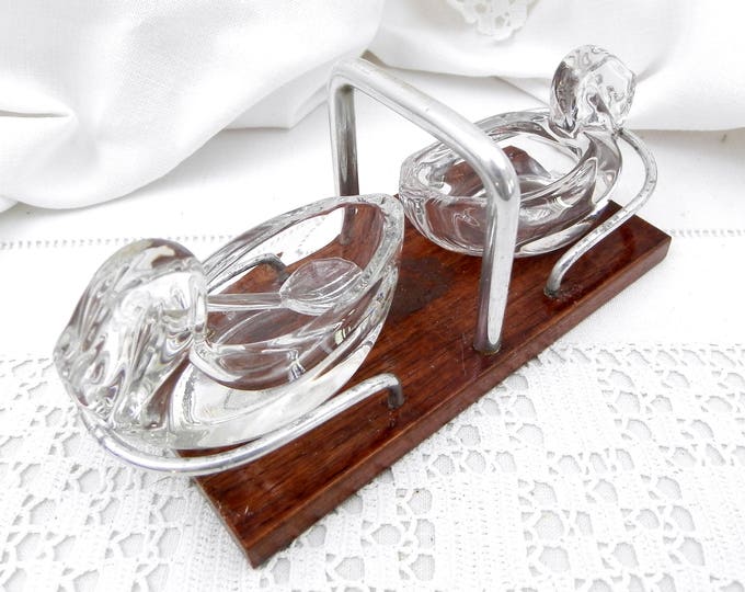 Vintage Glass Duck Salt and Pepper Serving Vessels Glass Spoon with Wooden and Metal Tray From France, French Salt N Pepper Tableware