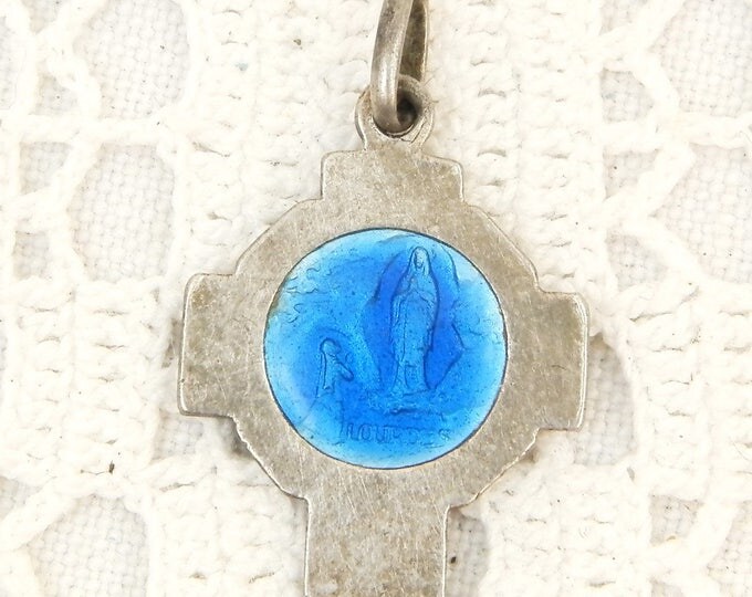 Antique Silver and Blue Enamel Religious Medal Virgin Mary on the Reverse is Notre Dame de Lourdes, Christian Religion, Catholic Jewelry Antique Silver and Blue Enamel Religious Medal Virgin Mary on the Reverse is Notre Dame de Lourdes, Christian Religion, Catholic Jewelry