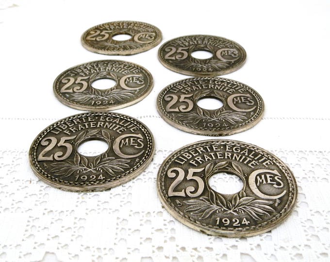 6 Vintage Cast Metal Coasters for Drinking Glasses Shaped as 1924 French Coins with Original Box, Retro Wine Glass Coaster from France 6 Vintage Cast Metal Coasters for Drinking Glasses Shaped as 1924 French Coins with Original Box, Retro Wine Glass Coaster from France