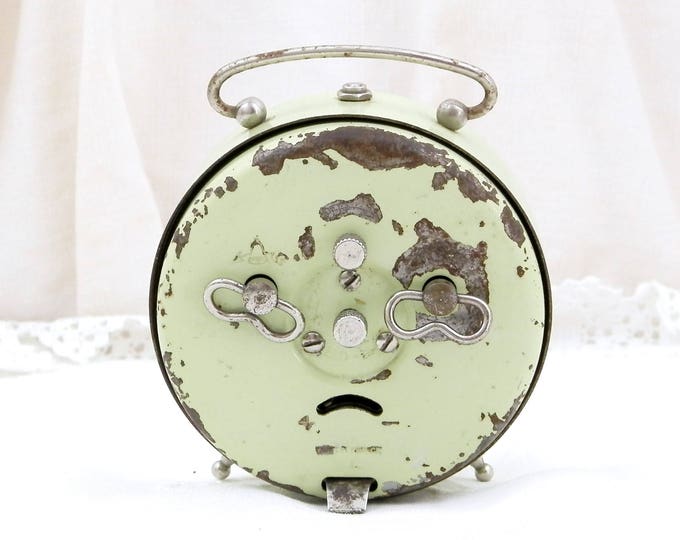 Vintage Working French Shabby Chippy Art Deco Mint Green Blangy Mechanical Wind Up Alarm Clock, Brocante Bedside Timepiece from France