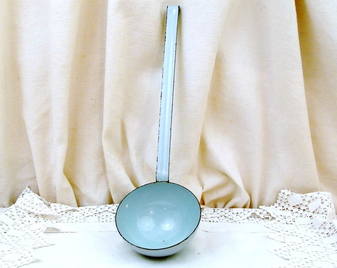 Vintage French Mint Green Chippy Enamel Serving Ladle, 1940s 1950s Enamelware from France, Rustic Farmhouse Cottage Kitchen Retro Decor