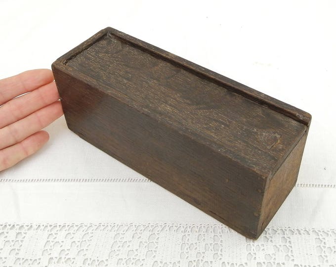 Antique French Primitive Dark Oak Wooden Rectangular Box with Sliding Lid, Rustic Farmhouse Oblong Box, Old Pencil Case, Country Decor