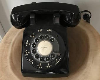 Vintage Mid Century Modern Black Rotary Telephone by AT & T