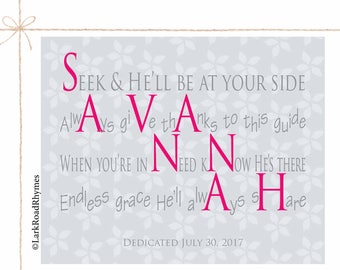 Baptism Decorations Girl Baby Girl Christening Goddaughter Gifts Religious Baby Gift Christian Nursery Decor Name Poem 8x10 Savannah