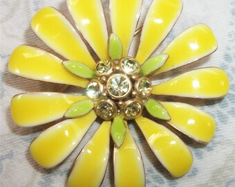 Vintage Yellow Enamel and Rhinestone Flower Brooch