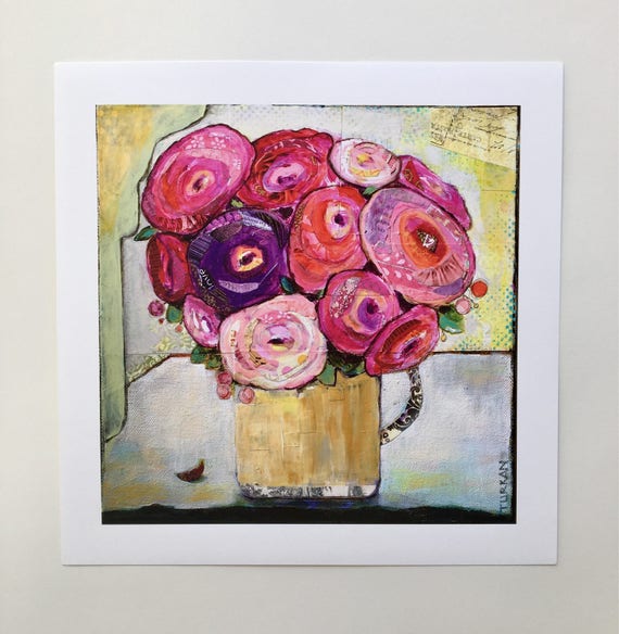 Mixed media flowers in a vase giclee art print 10 x