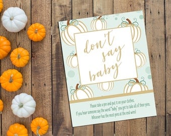 Dont Say Baby Game - Little Pumpkin Baby Shower Game - Fall Baby Shower - Pumpkin - Green and Gold - INSTANT DOWNLOAD - Printable
