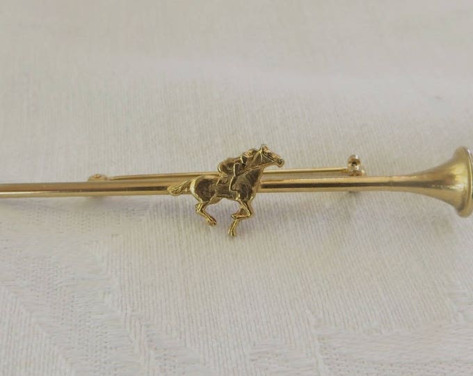Equestrian Horse Brooch, Racehorse and Jockey Pin, First Call Trumpet, Vintage Equestrian Jewelry,