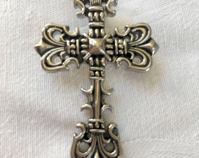 Fleur De Lis Cross Necklace, Fleurie Cross Necklace, 20 Inch Sterling Chain, Vintage Cross Jewelry, Fleury