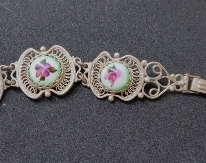 Vintage Rose Bracelet, Sterling Cannetille, Porcelain Rose Panels, Filigree & Roses, Garden Wedding,