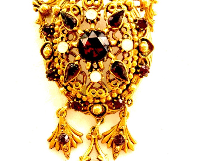 Vintage Florenza Dangle Brooch, Garnet Red and Moonstone Dangle PIn, Designer Signed Jewelry