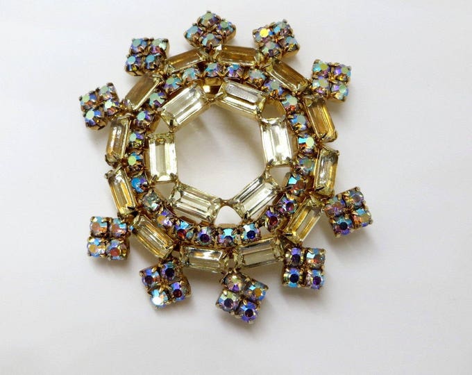 Rhinestone Brooch, Vintage Aurora Borealis Pin, Baguette Stones, Vintage 1960s Jewelry