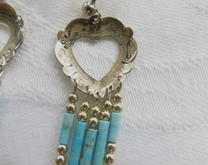 Sterling Turquoise Earrings, Etched Hearts with Turquoise Dangles, Pierced Earrings,Vintage Southwest Jewelry