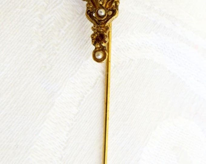 Vintage Stick Pin, Lapel Pin, Hat Pin, Amber Cabochon, Seed Pearls, Heraldic Jewelry