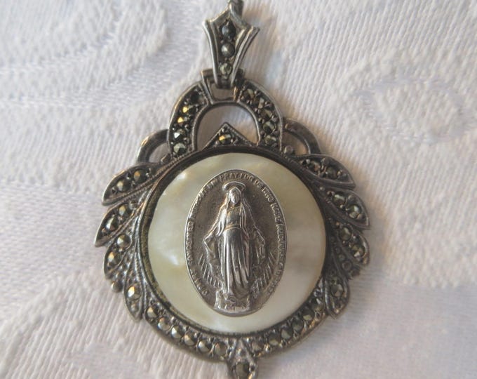 Vintage Art Deco Religious Brooch, Sterling Silver Marcasite Mother of Pearl, Virgin Mary Pin, Blessed Mother Pin, Vintage Religious Jewelry