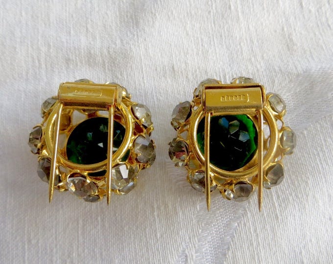 Vintage French Dress Clips, French Fur Clips, Art Glass Clips, Green Faceted stone, Paris Jewelry, Art Deco Jewelry, Spectacular!