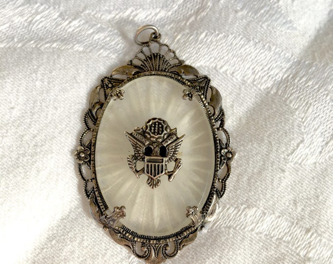 Antique Camphor Glass Pendant, US Army Insignia, Military Pendant,Sterling Silver Frame, Army Wife, Army Mom US Army Jewelry